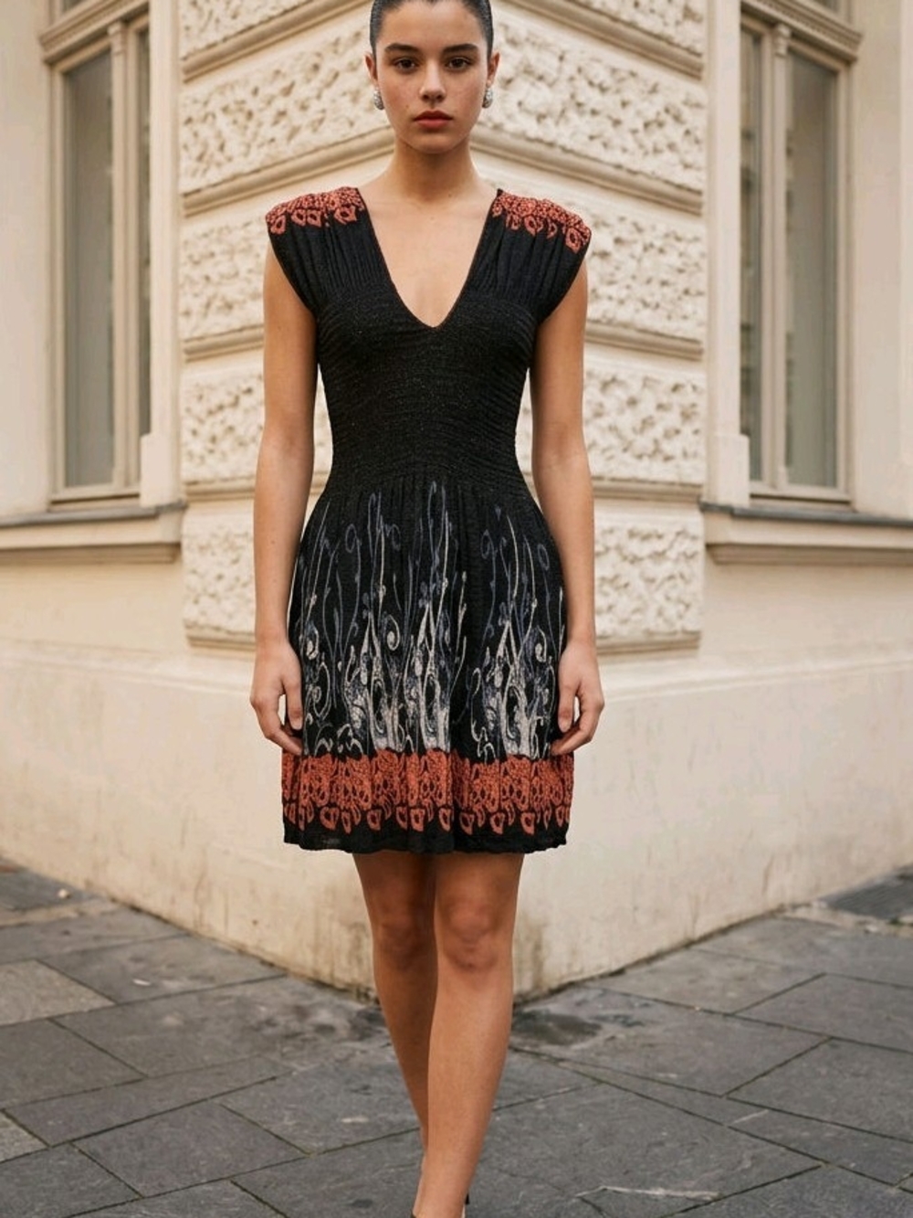 Max Edition Black Dress with Rust Trim and Ivory Motif